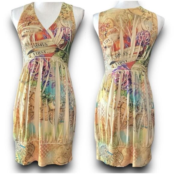 Y2k Body Central Love Comes First Tattoo Pattern Sleeveless Mini Dress Women’s S - Picture 1 of 11